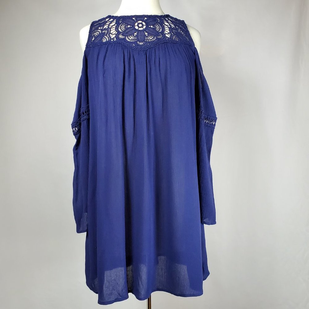 Flowy Boho Navy Blue Cold Shoulder Top With Crocheted Details and Long Sleeves